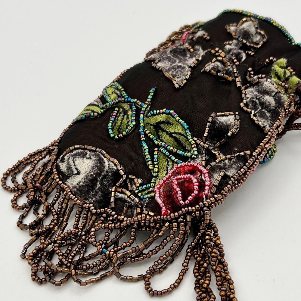 Vintage Style Velvet Floral Beaded Drawstring Pouch Brown Crossbody Fringe Small - Picture 8 of 8